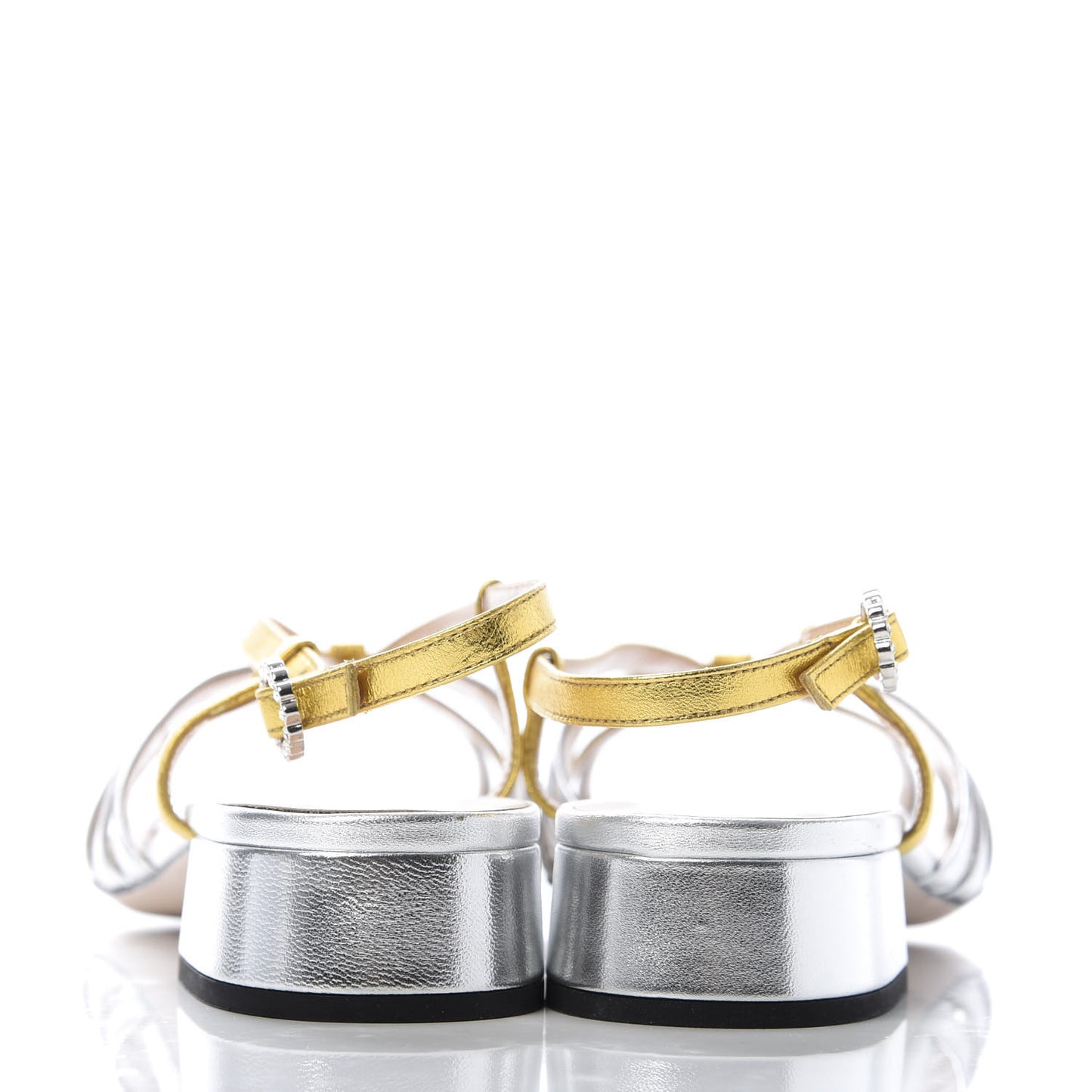 Metallic Nappa Crystal Zephyra Slingback Low Heel Sandals 38.5 Silver Gold