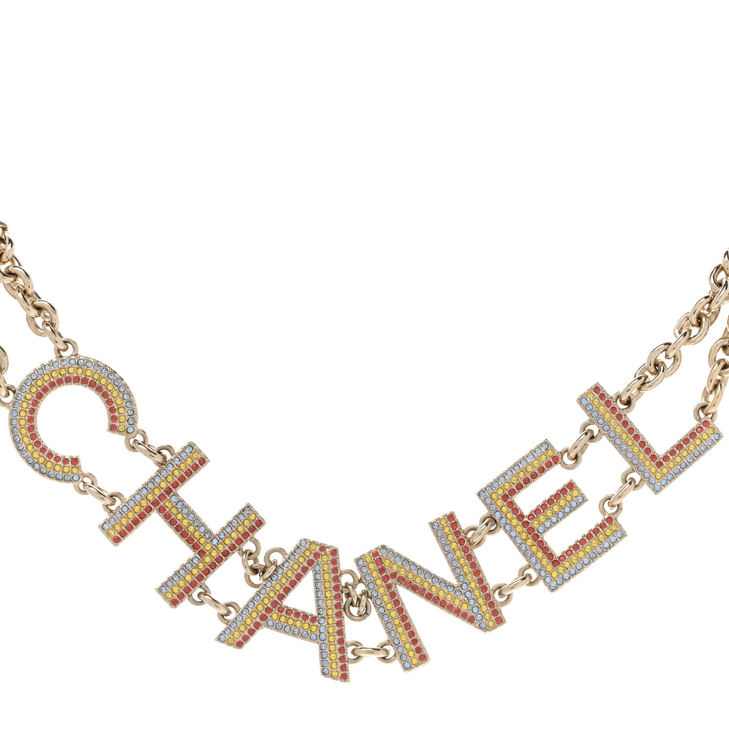Chanel Metal Crystal Cha-Nel Logo Choker Necklace Multicolor Gold 1 of 6