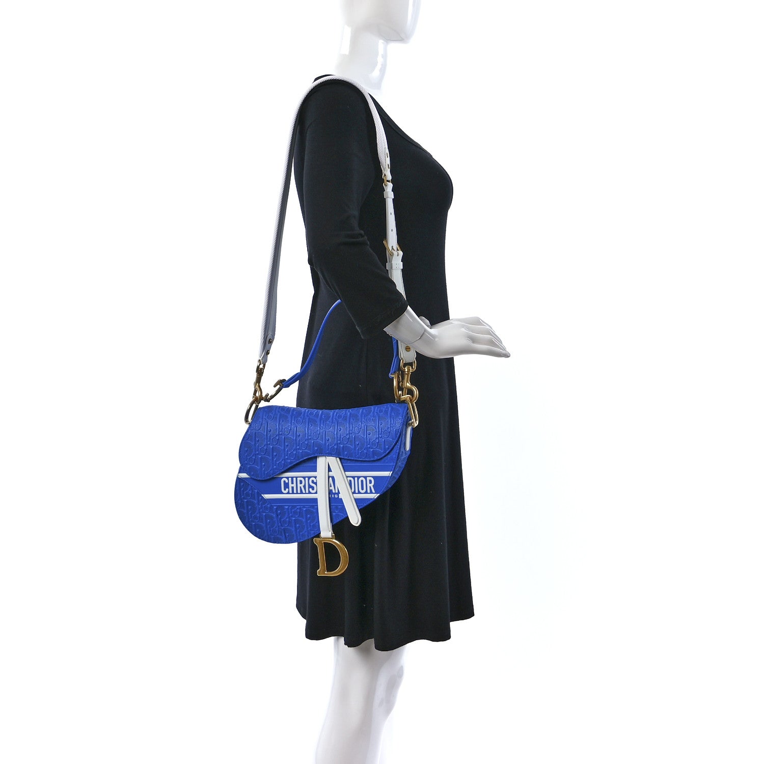 Christian Dior Perforated Calfskin Embossed Oblique Saddle Bag Blue White 2 of 10