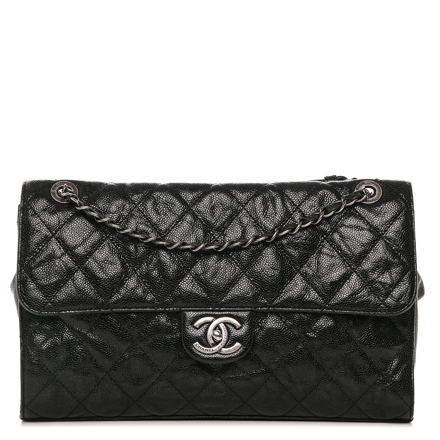 Crumpled Grained Calfskin Jumbo CC Crave Flap Black