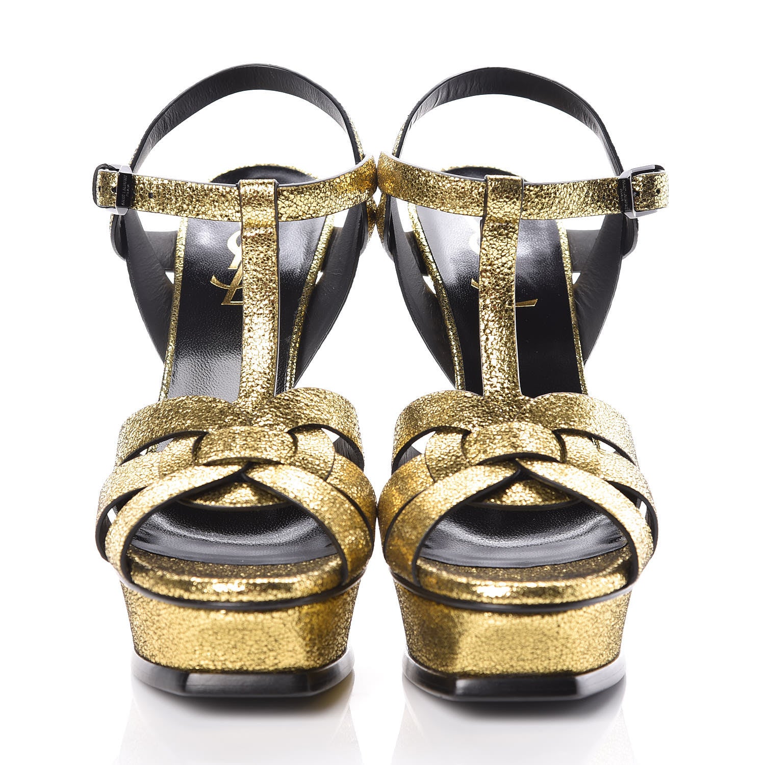 Saint Laurent Metallic Crackled Calfskin Tribute 105 Platform Sandals 36.5 Black Gold 2 of 8