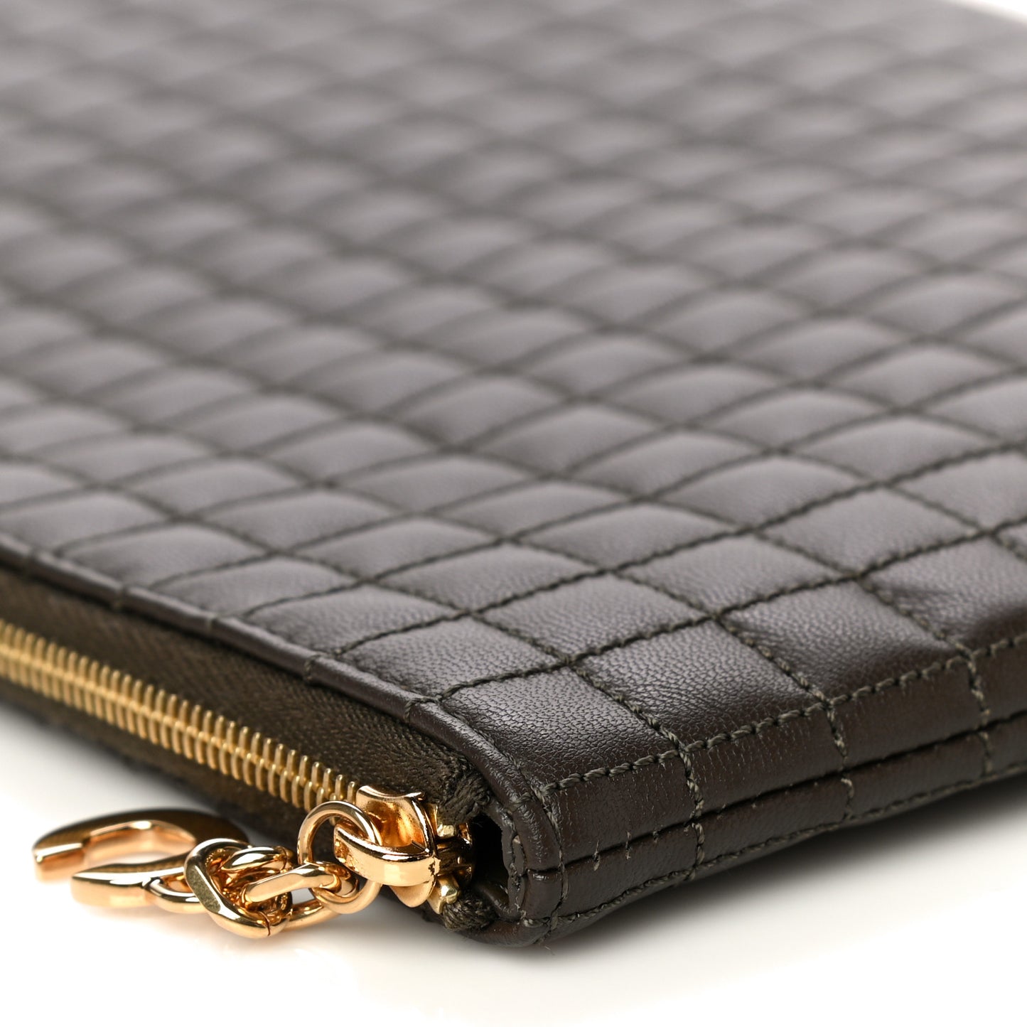 Calfskin Quilted C Charm Pouch Khaki