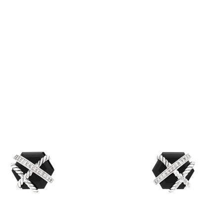 David Yurman Sterling Silver Diamond Black Onyx 11mm Cable Wrap Earrings 1 of 3