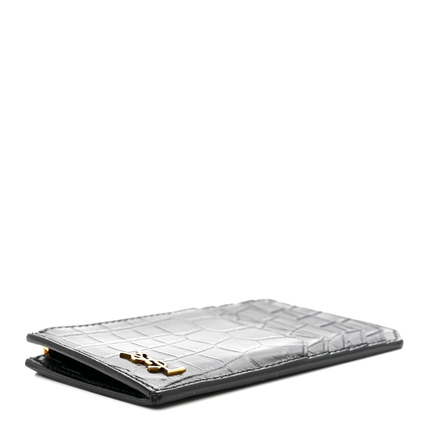 Calfskin Crocodile Embossed 5 Fragments Zip Pouch Card Holder Black