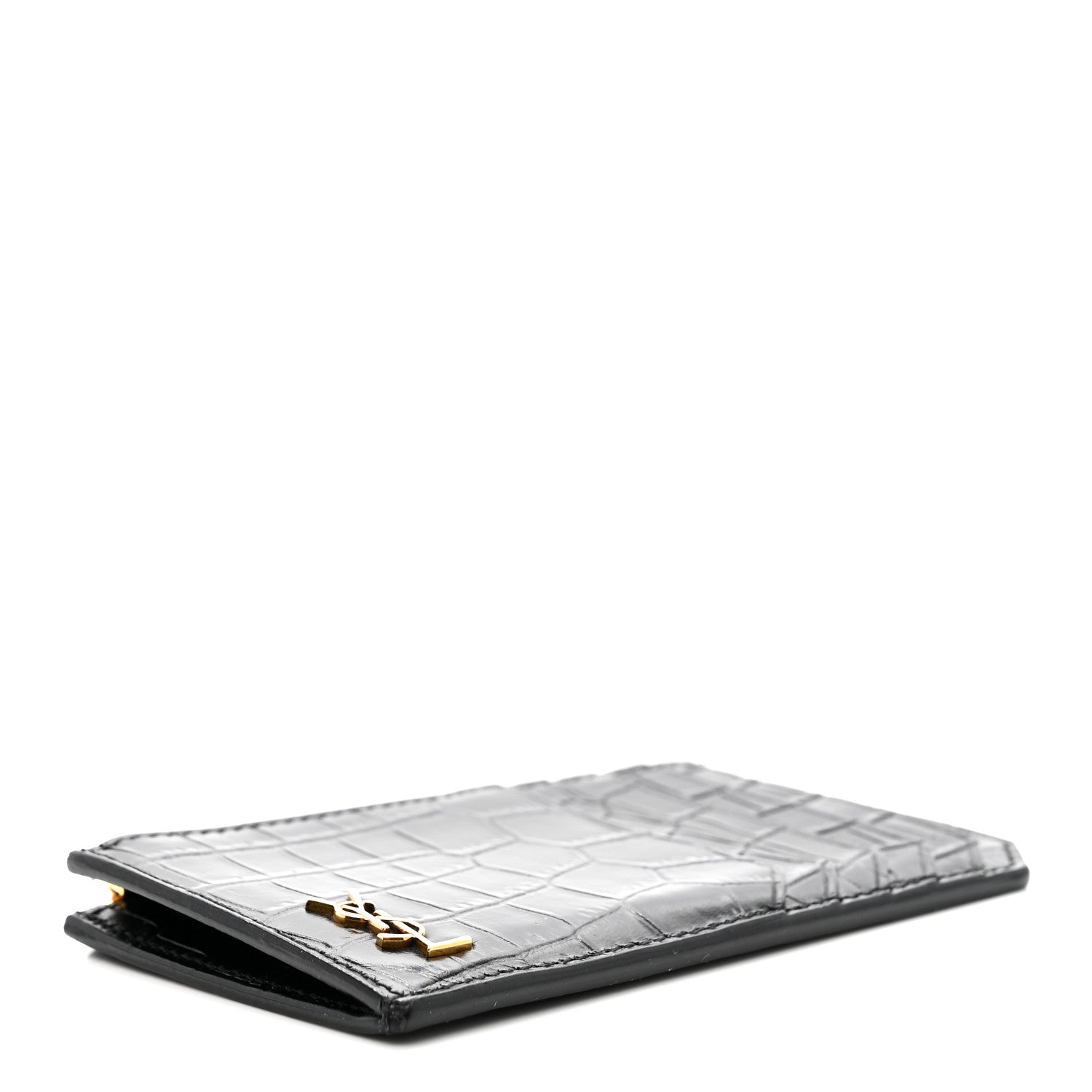 Saint Laurent Calfskin Crocodile Embossed 5 Fragments Zip Pouch Card Holder Black 4 of 7