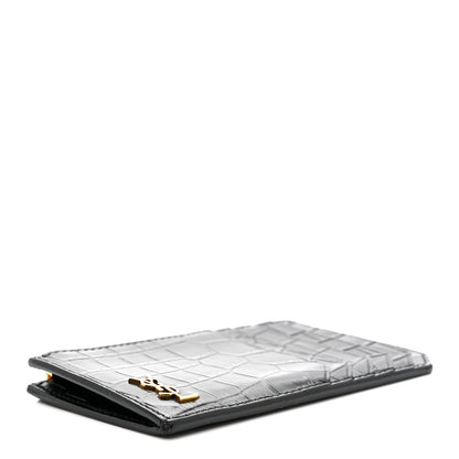 Saint Laurent Calfskin Crocodile Embossed 5 Fragments Zip Pouch Card Holder Black 4 of 7