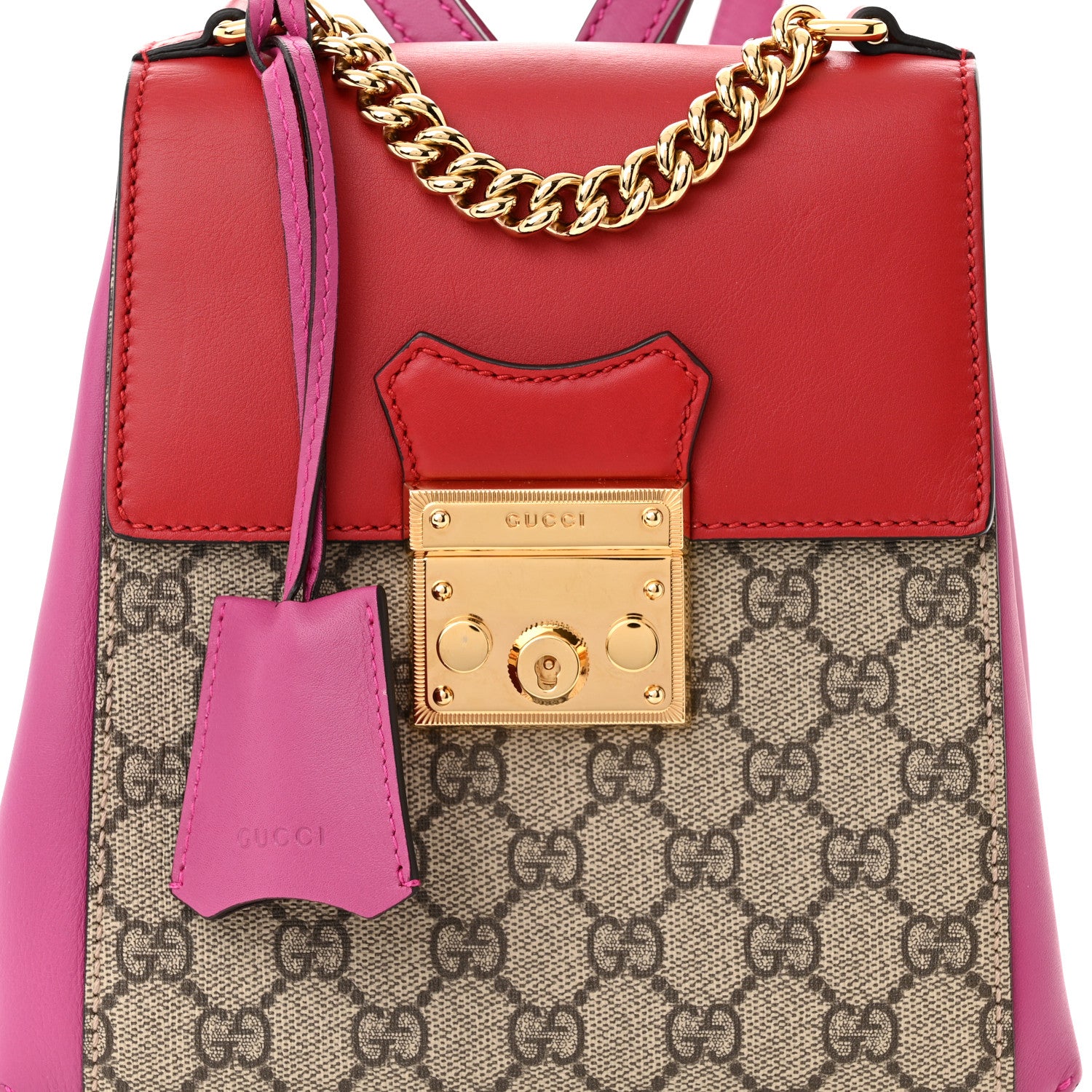 Gucci GG Supreme Monogram Calfskin Padlock Backpack Beige Hibiscus Red New Rosette 8 of 10