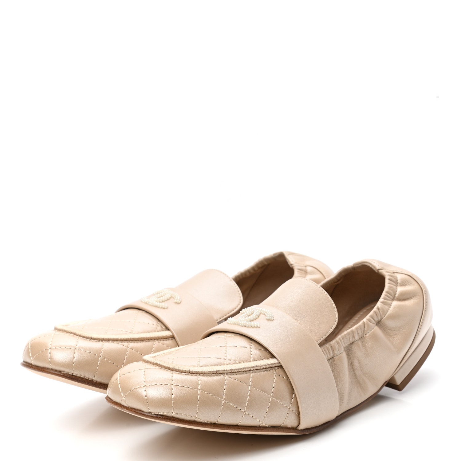 Chanel Laminated Lambskin Womens Quilted Elastic CC Moccasin Loafers 39 Beige 3 of 8