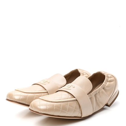 Chanel Laminated Lambskin Womens Quilted Elastic CC Moccasin Loafers 39 Beige 3 of 8