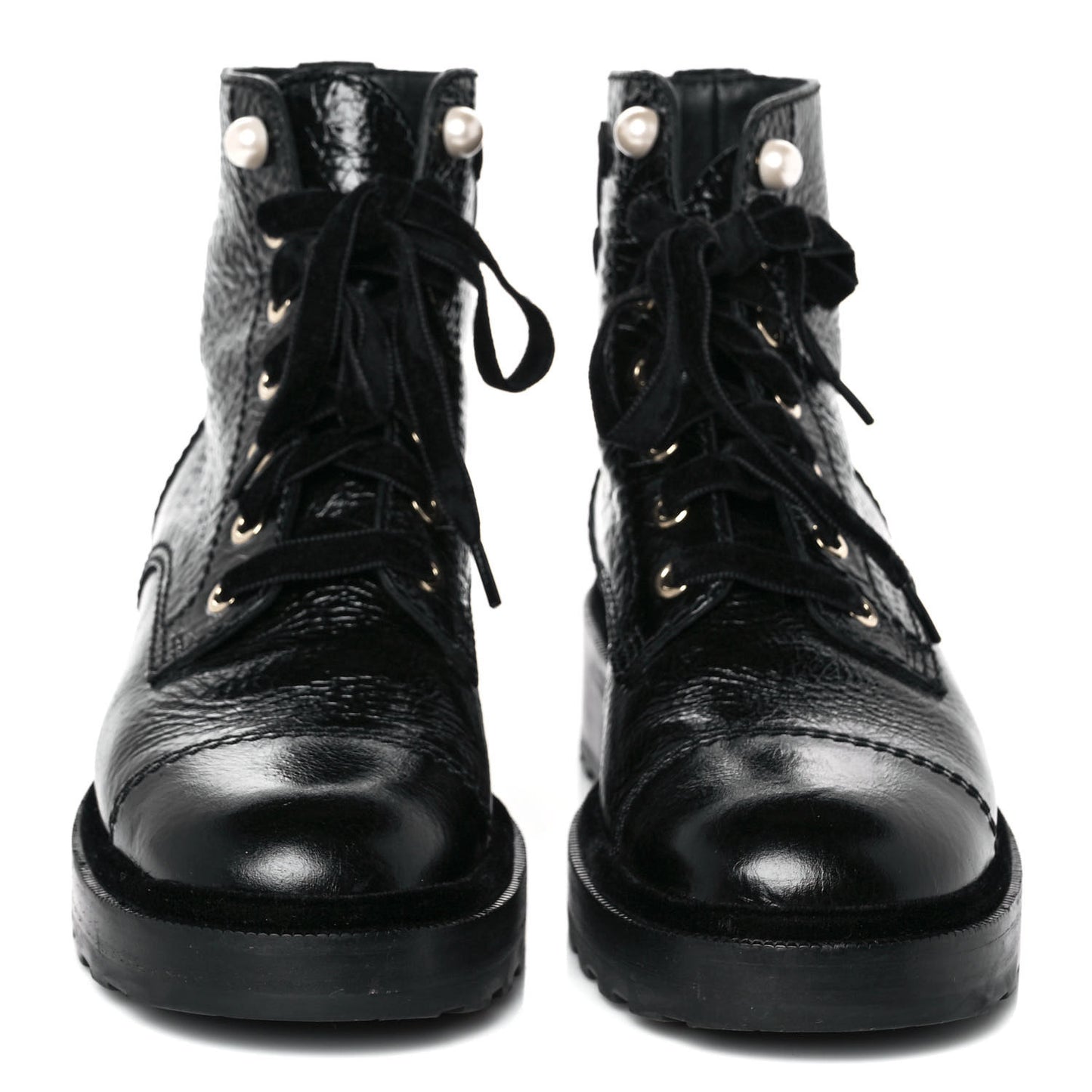 Shiny Calfskin Velvet Pearl Combat Short Boots 38.5 Black