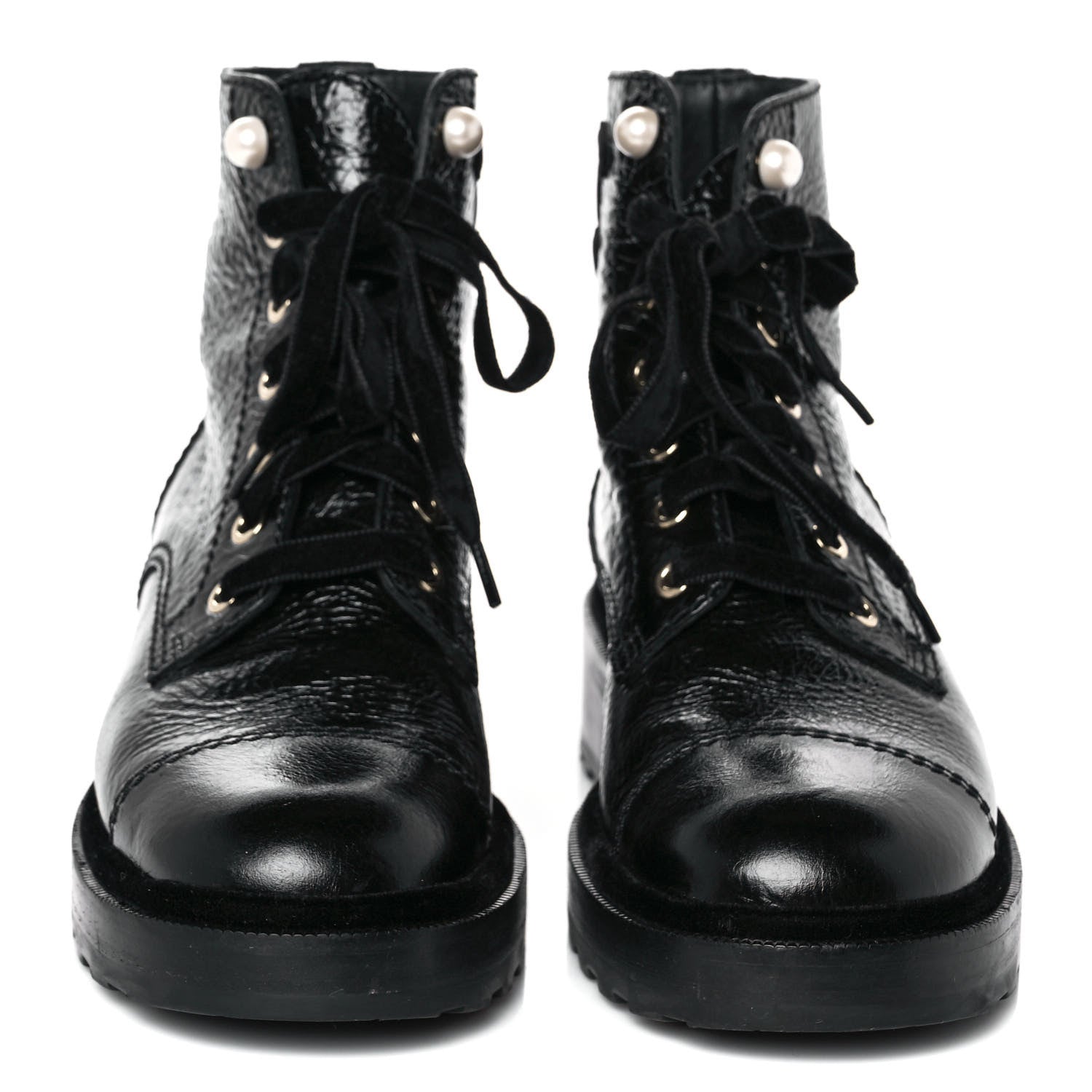 Chanel Shiny Calfskin Velvet Pearl Combat Short Boots 38.5 Black 2 of 13