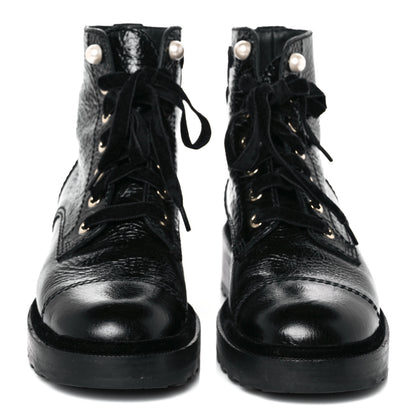 Chanel Shiny Calfskin Velvet Pearl Combat Short Boots 38.5 Black 2 of 13