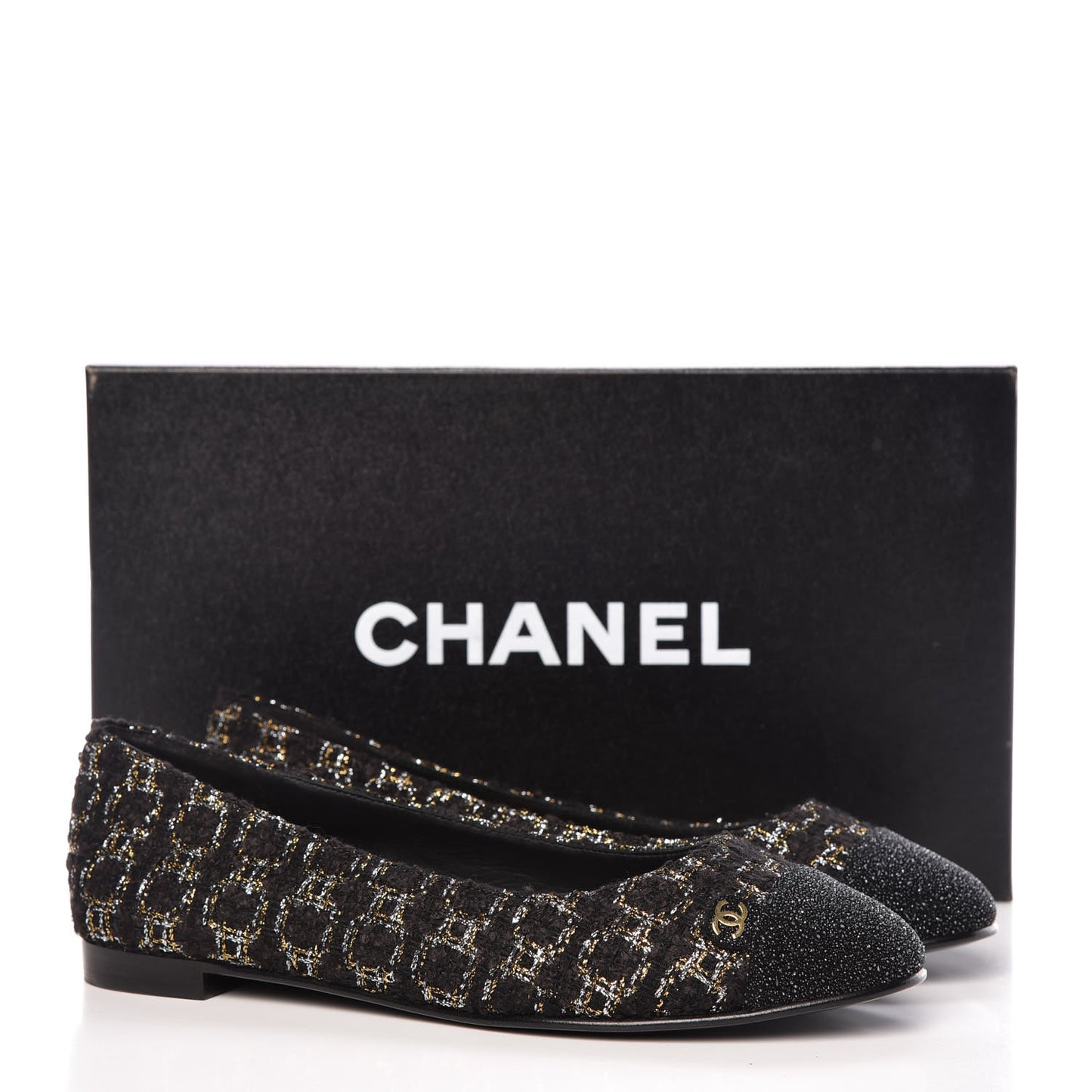 Tweed Cap Toe Ballerina Flats 36 Black