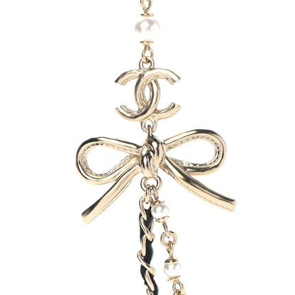 Chanel Calfskin Pearl Metal CC Bow Necklace Gold White Black 4 of 7