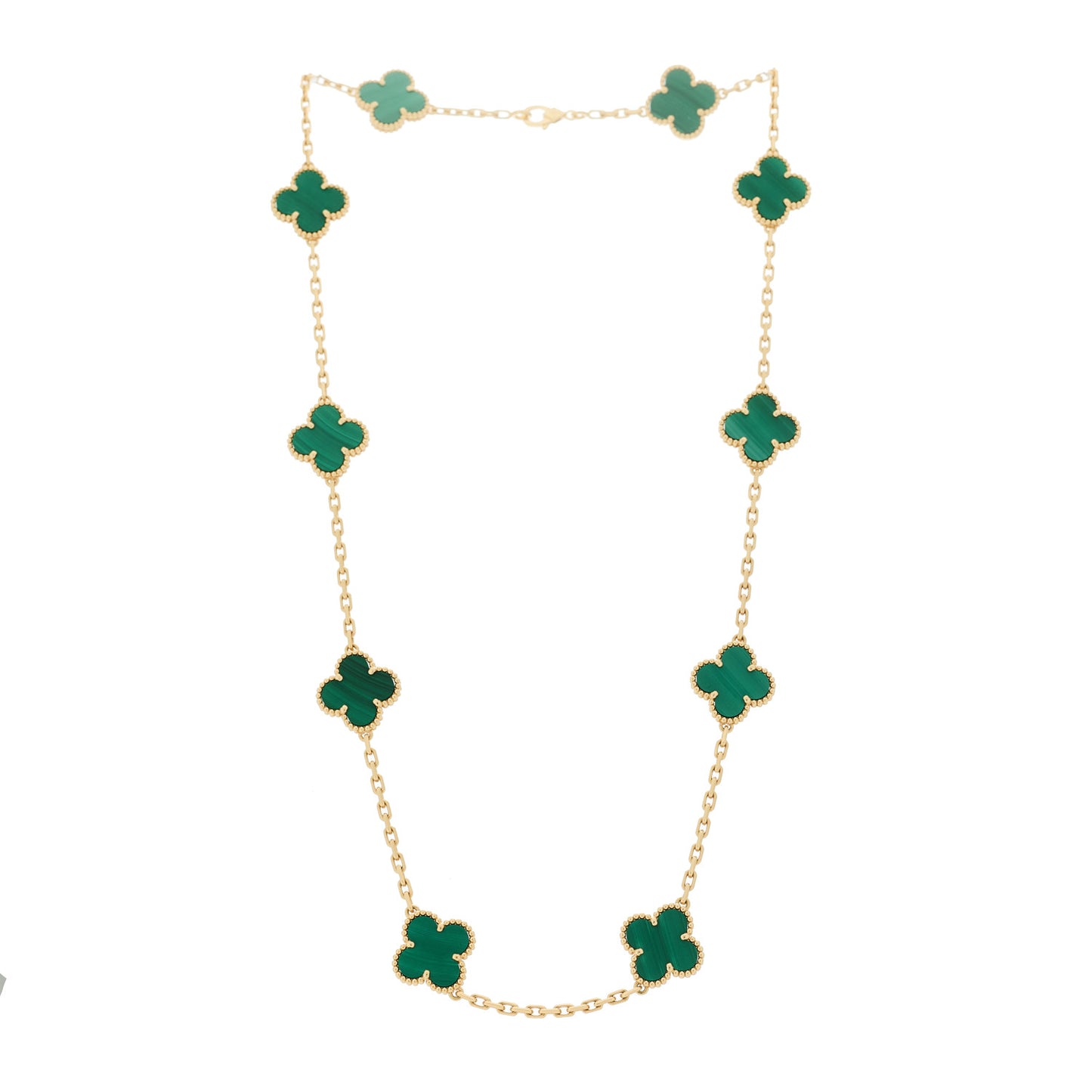 18K Yellow Gold Malachite 10 Motifs Vintage Alhambra Necklace