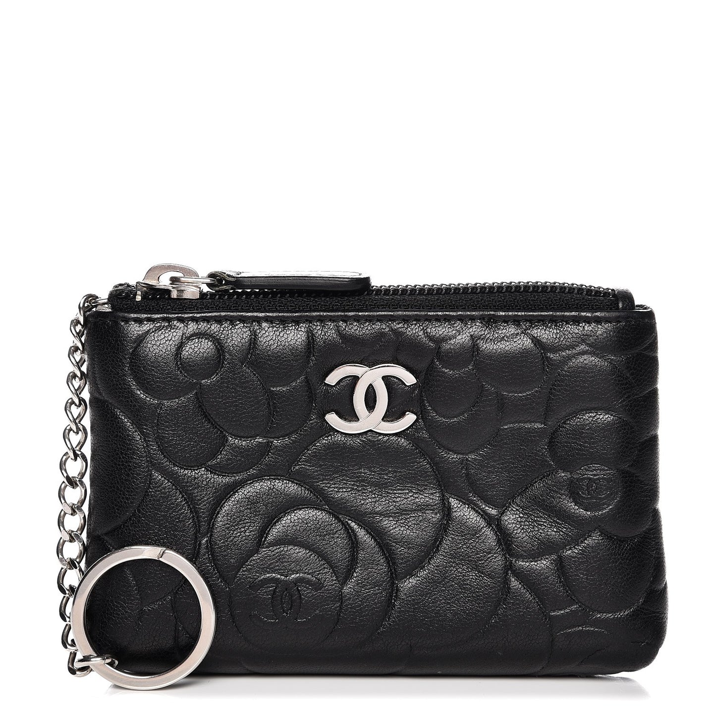 Lambskin Camellia Embossed Key Holder Case Black