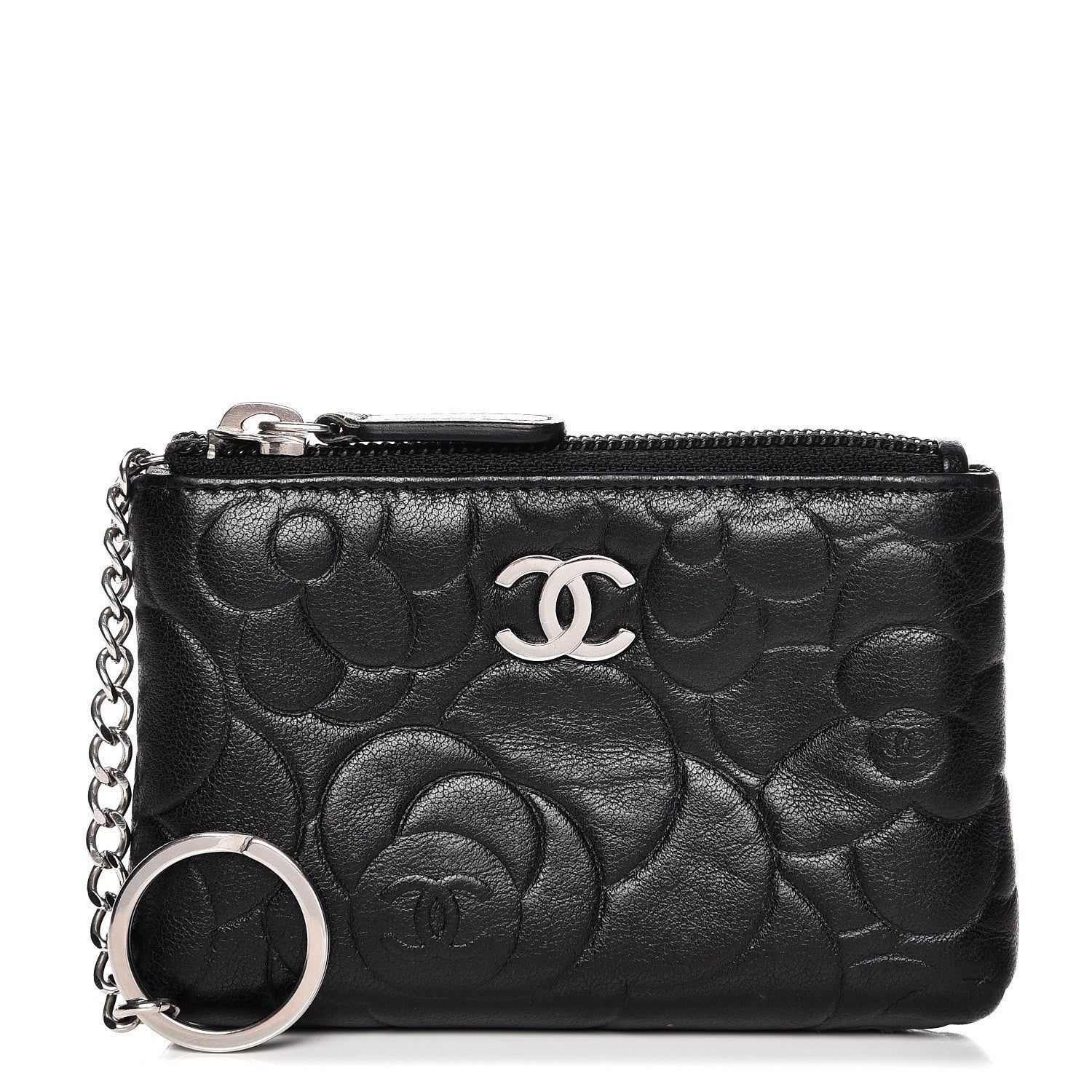 Chanel Lambskin Camellia Embossed Key Holder Case Black 1 of 8