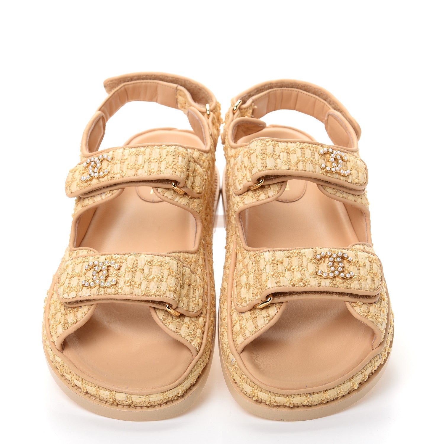 Chanel Raffia Pearl Velcro Dad Sandals 37 Beige 5 of 11