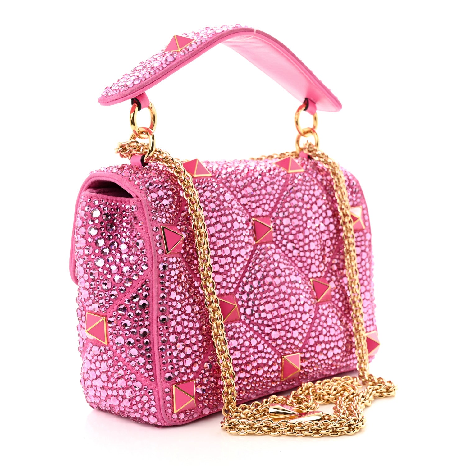 Valentino Garavani Crystal Suede Enamel Medium Roman Stud Shoulder Bag Pink PP 3 of 11