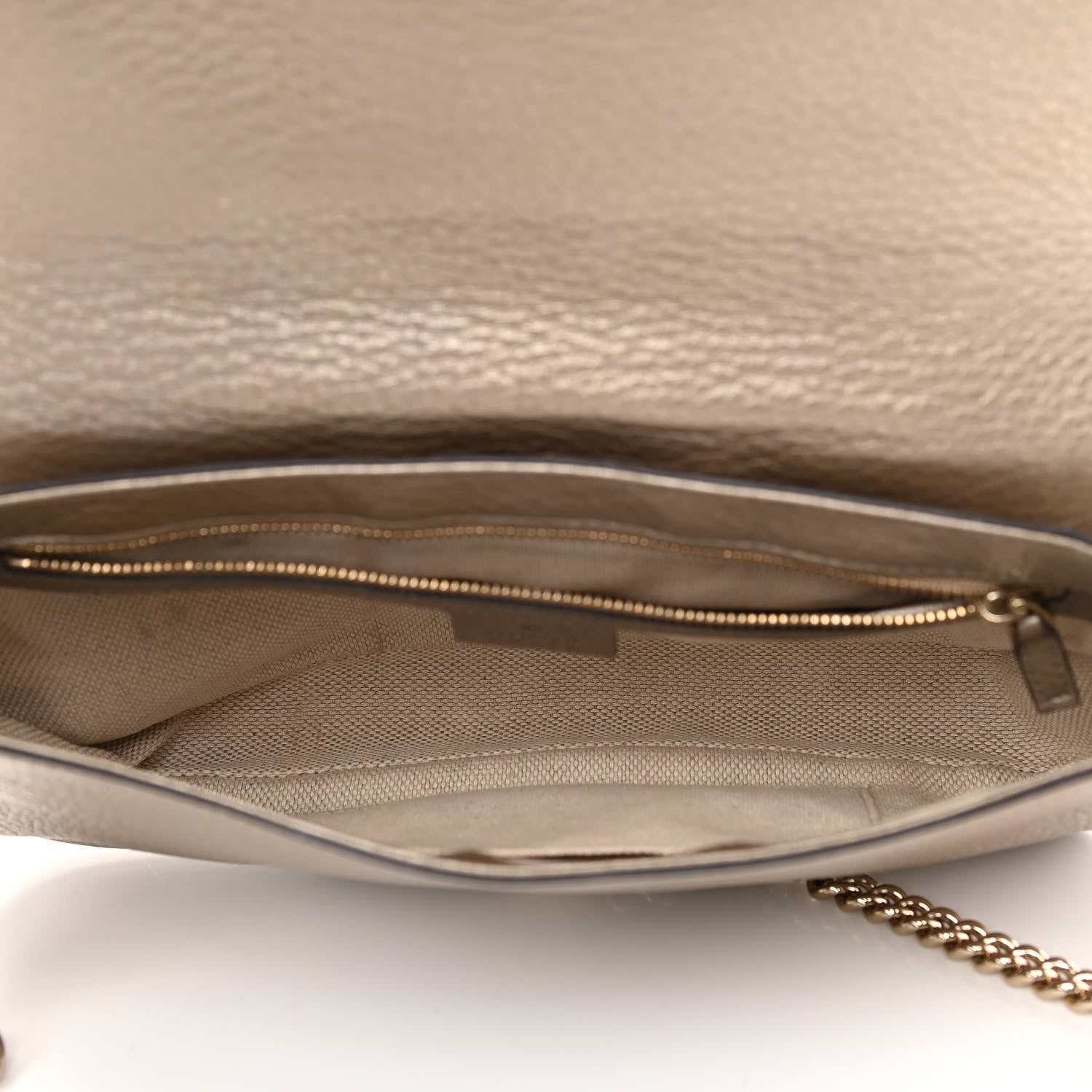 Gucci Metallic Pebbled Calfskin Medium Soho Flap Crossbody Golden Beige 4 of 10