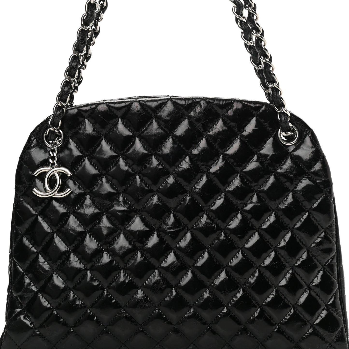 Glazed Calfskin Quilted Large Just Mademoiselle Bowling Bag Black