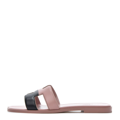 Hermes Box Calfskin Oran Sandals 37.5 Black Vieux Rose 1 of 13
