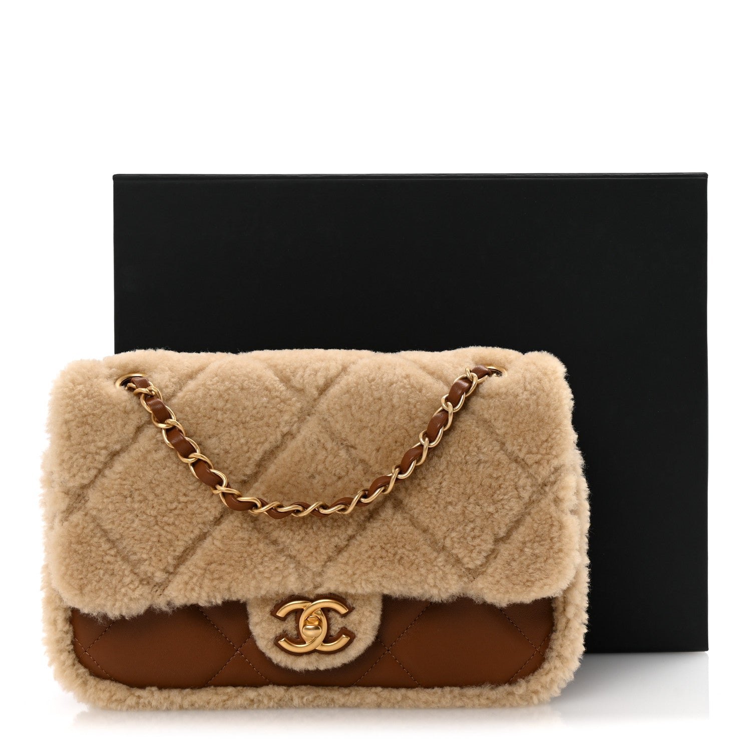 Chanel Shearling Lambskin Quilted Furry Coco Flap Beige Brown