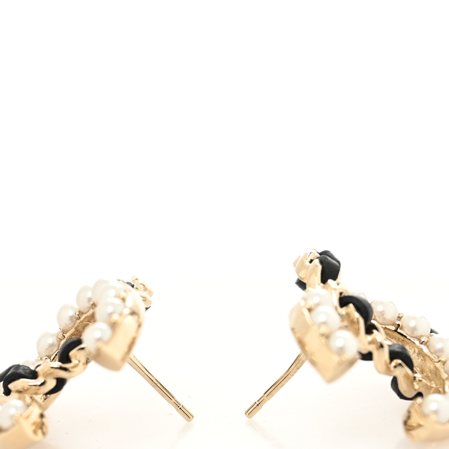 Chanel Pearl Lambskin Chain CC Stud Earrings Gold Black 3 of 4