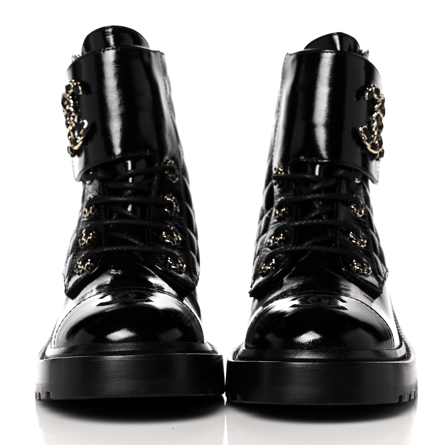 Shiny Calfskin Quilted Lace Up Combat Boots 38 Black
