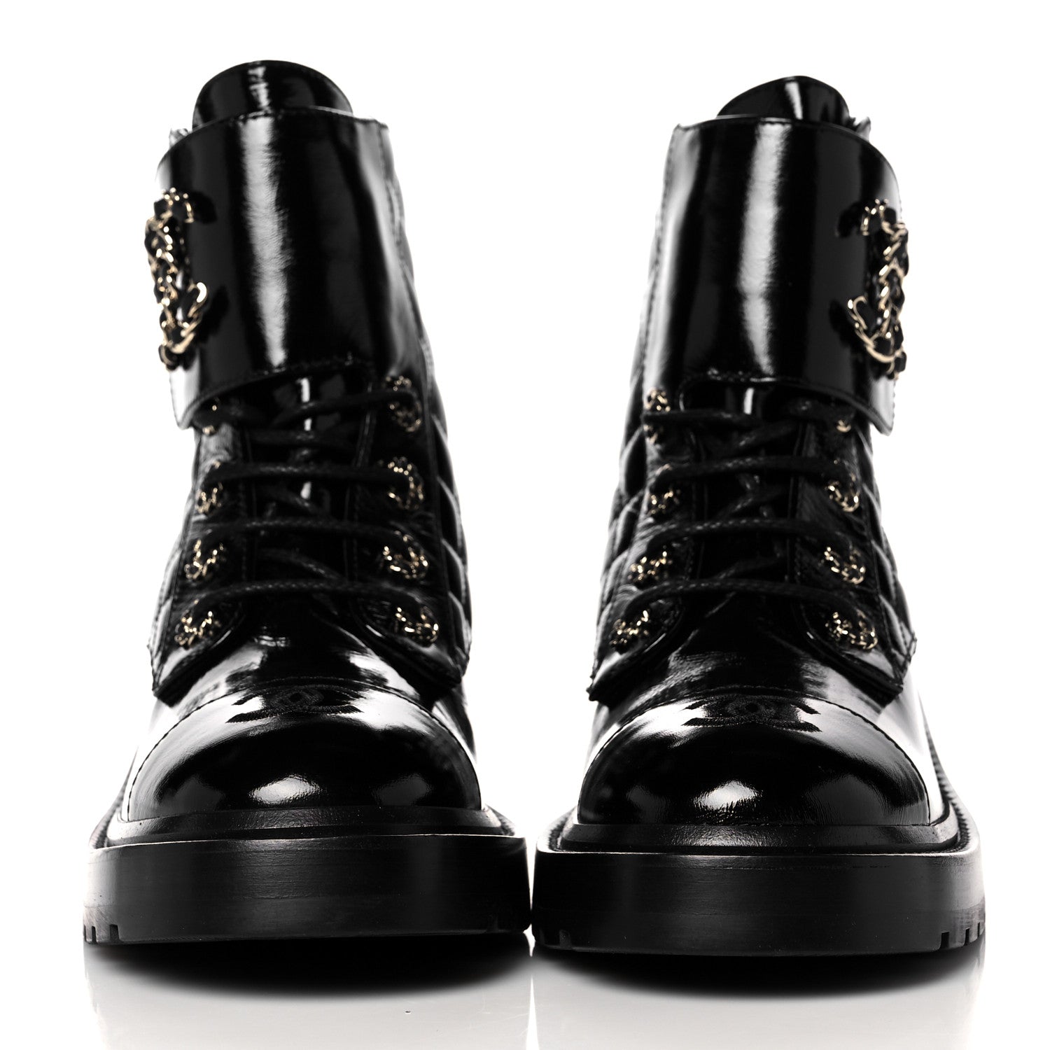 Chanel Shiny Calfskin Quilted Lace Up Combat Boots 38 Black 2 of 9