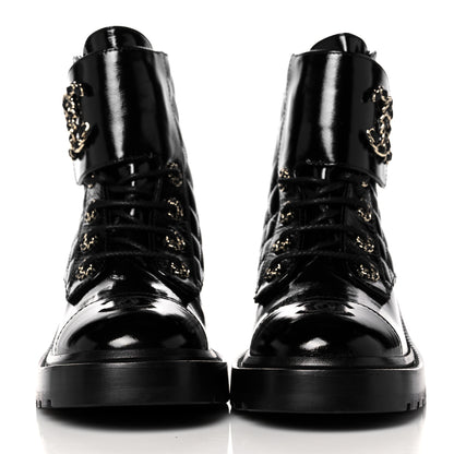 Chanel Shiny Calfskin Quilted Lace Up Combat Boots 38 Black 2 of 9