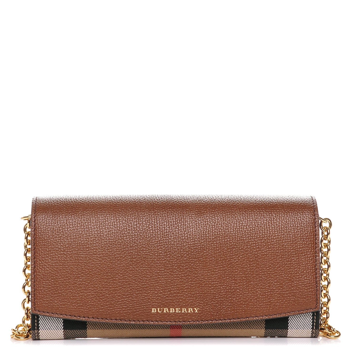 Burberry Grainy Calfskin House Check Henley Wallet On Chain Tan 1 of 6