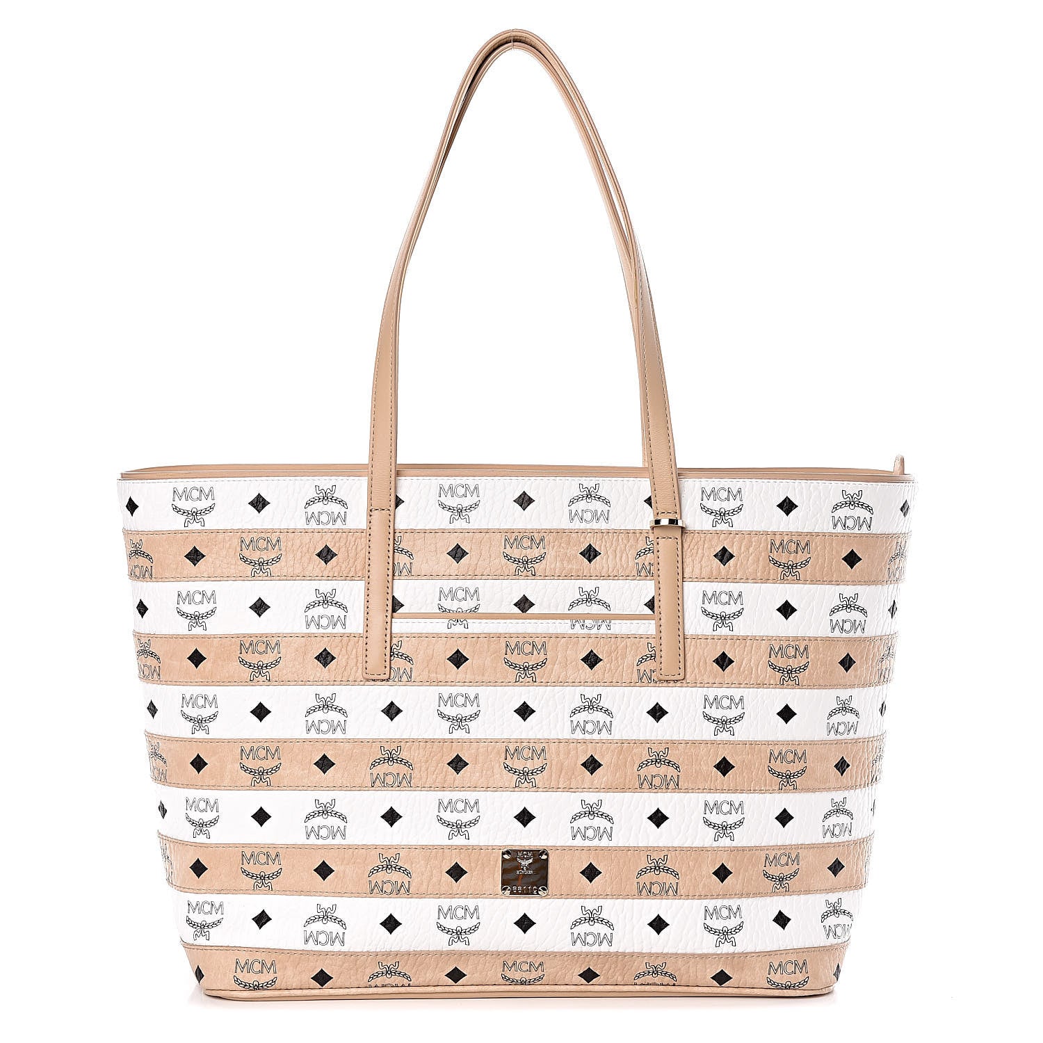 MCM Visetos Striped Medium Anya Shopper Tote White Beige 1 of 8