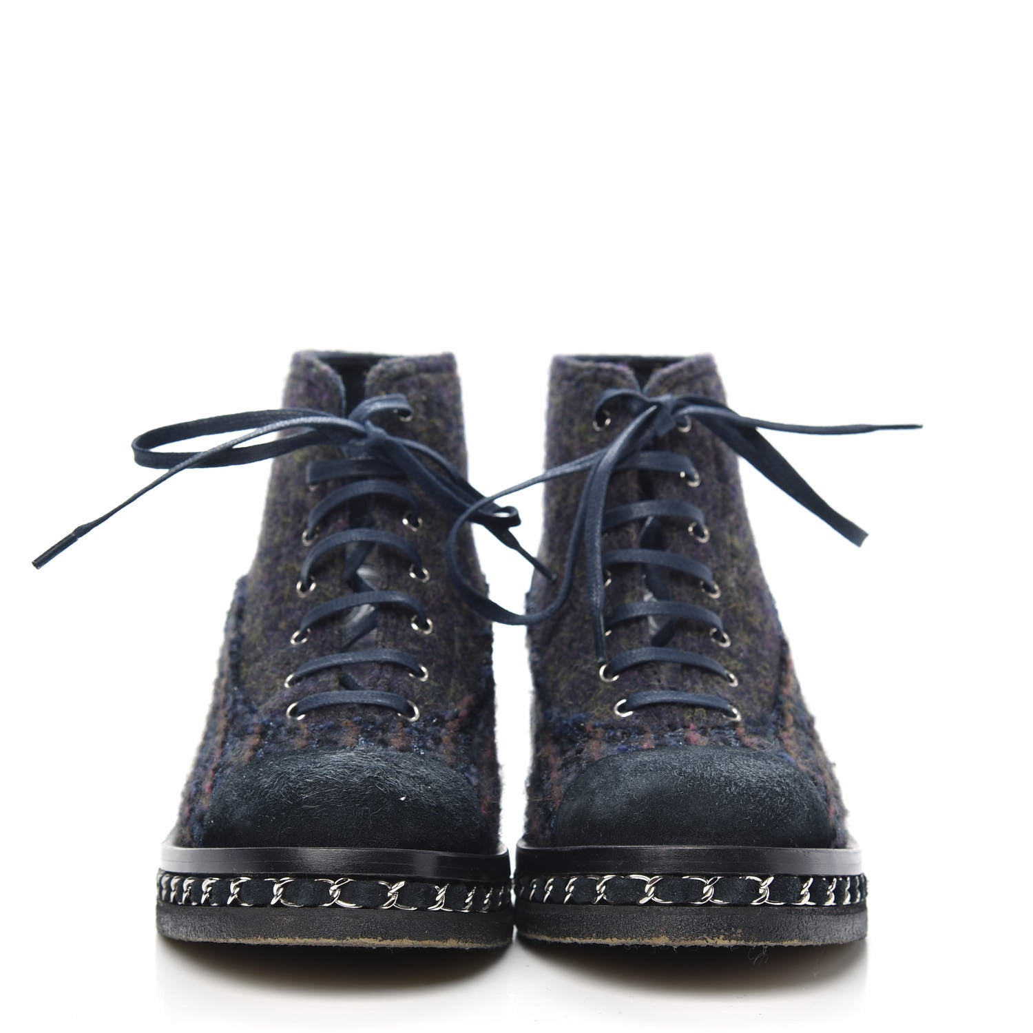 Chanel Wool Calfskin Tweed Lace Up Boots 36 Navy 2 of 8