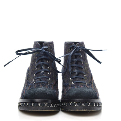 Chanel Wool Calfskin Tweed Lace Up Boots 36 Navy 2 of 8