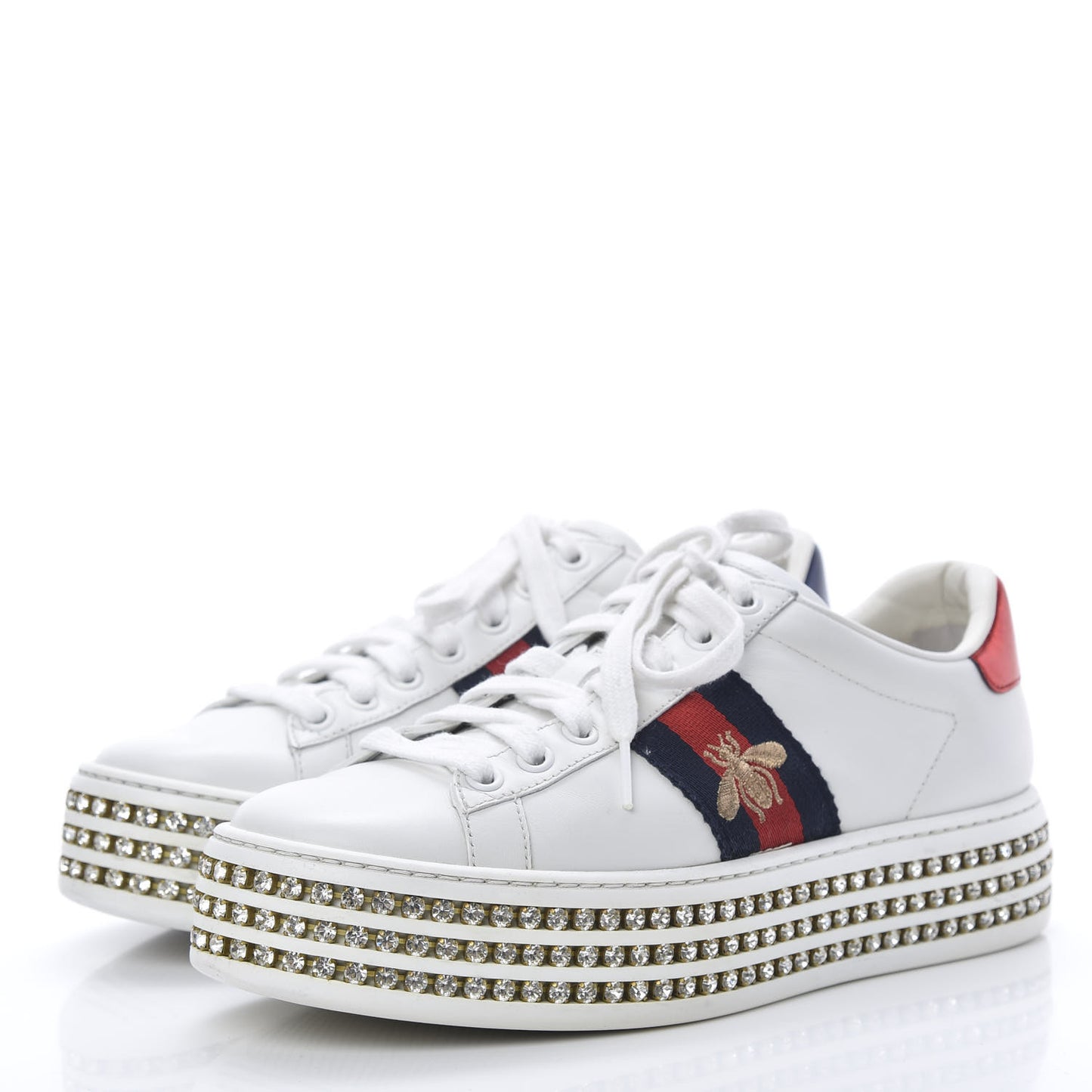 Calfskin Crystal Web Bee Embroidered Womens Ace Platform Sneakers 35.5 White