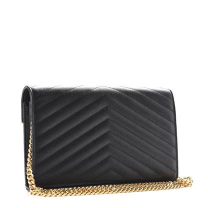 Saint Laurent Grain De Poudre Matelasse Chevron Monogram Chain Wallet Black 3 of 12