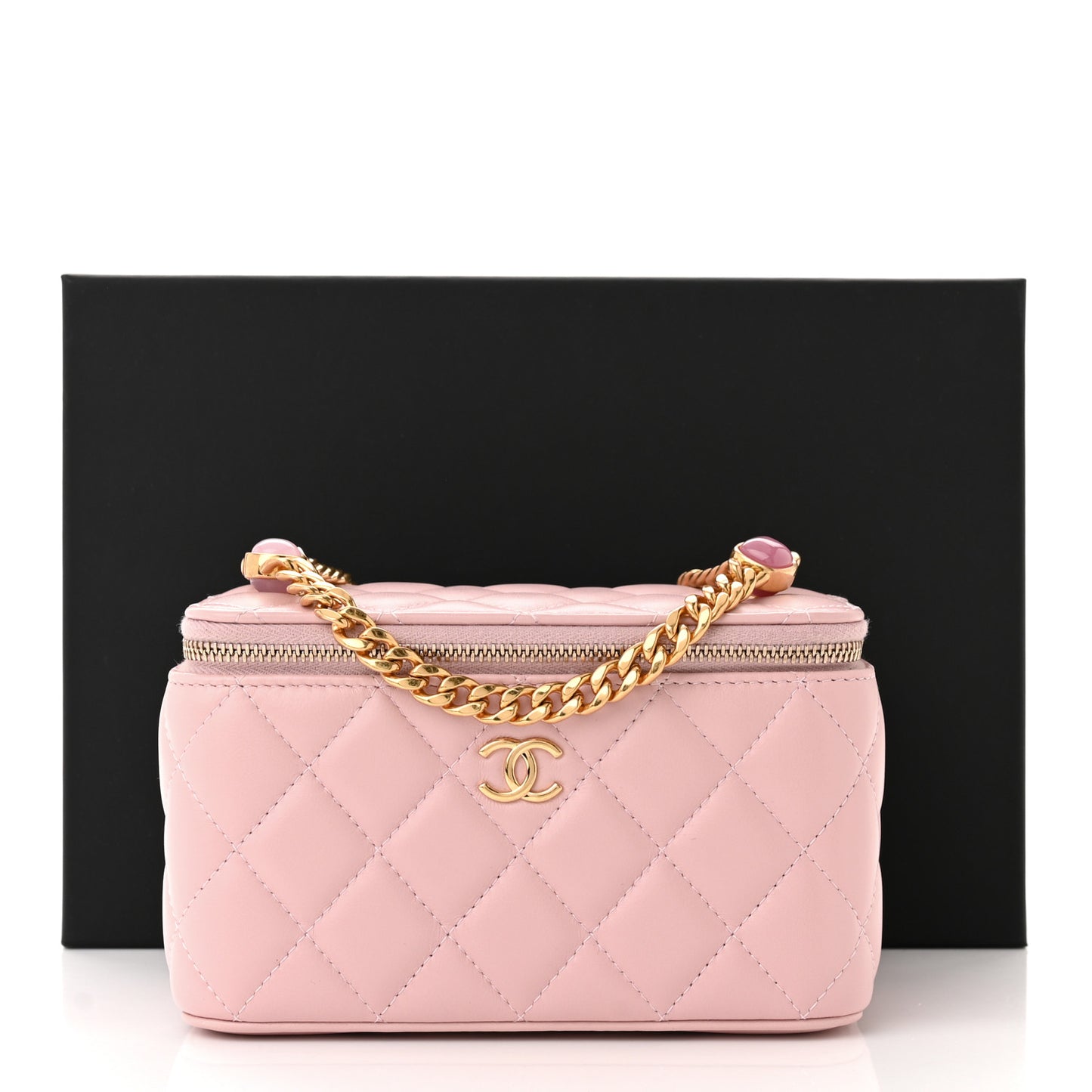 Lambskin Resin Quilted Vanity Case With Chain Light Pink