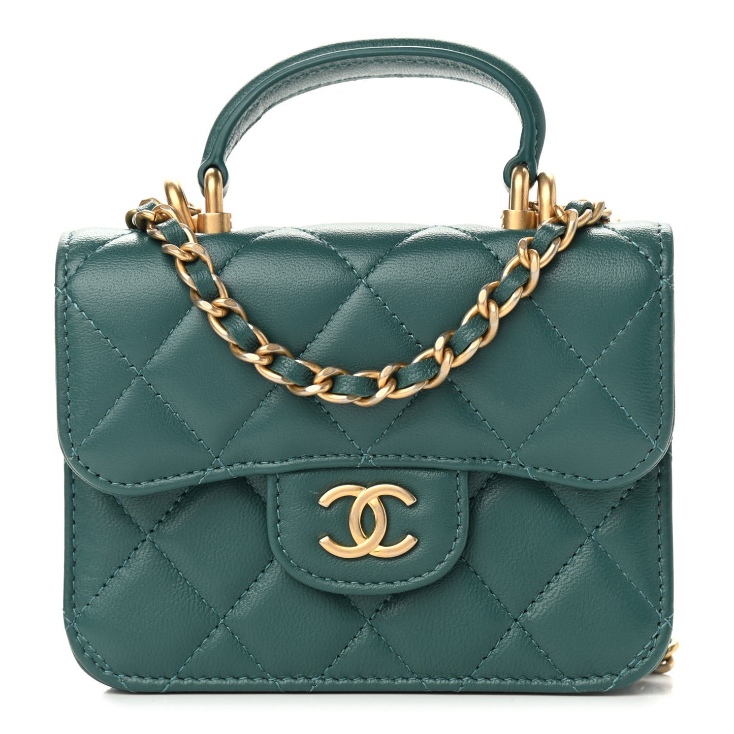 Lambskin Quilted Top Handle Flap Coin Purse With Chain Green