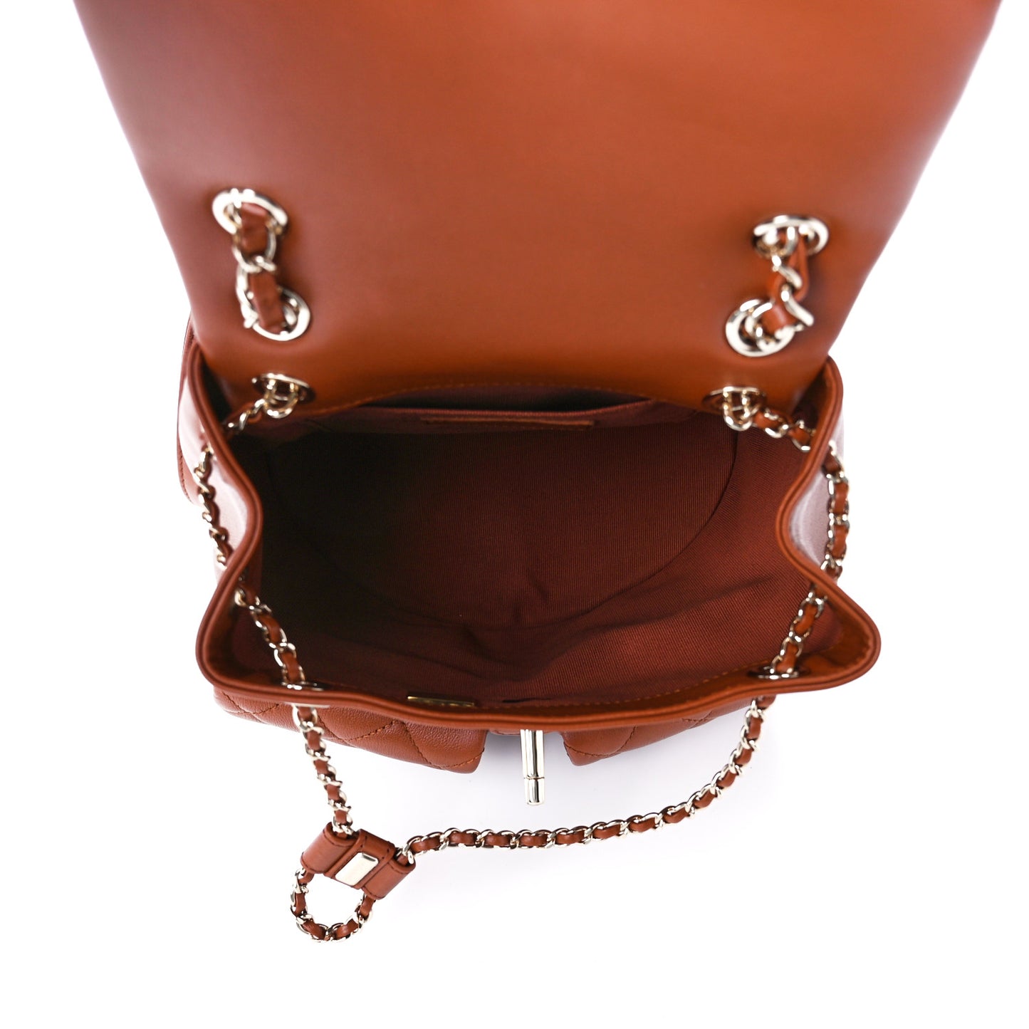 Shiny Calfskin Quilted Medium Duma Pockets Drawstring Backpack Brown