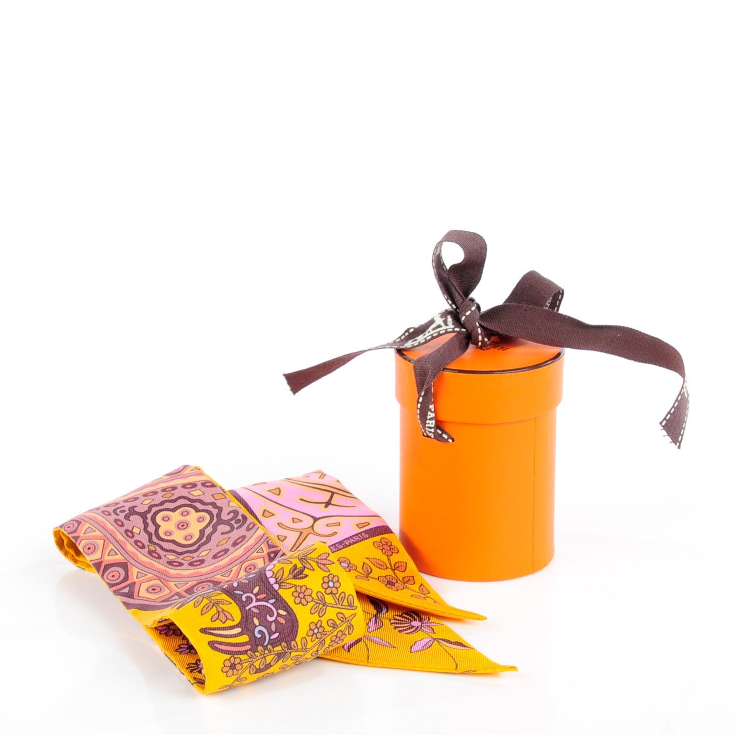 Hermes Silk L'Arbre De Vie Twilly Jaune D'or Mauve Brun 5 of 5