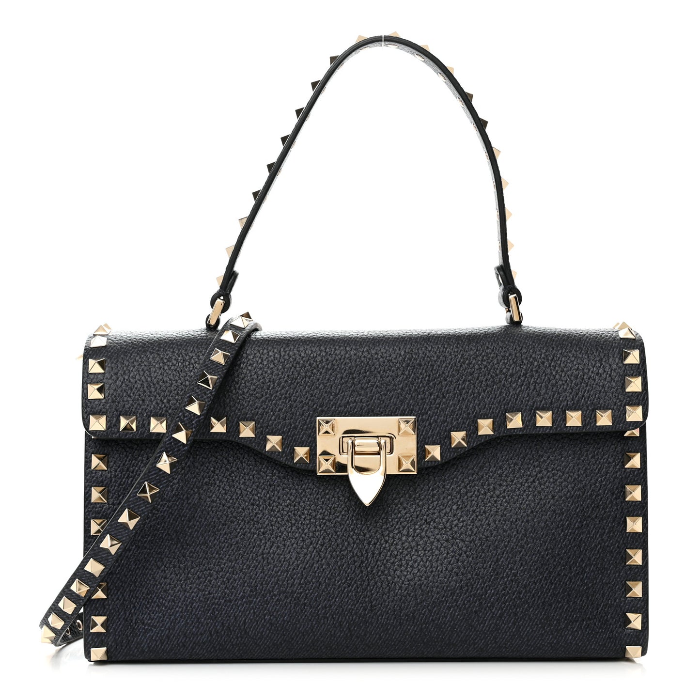 Pebbled Calfskin Small Rockstud Single Handle Flap Bag Deep Denim