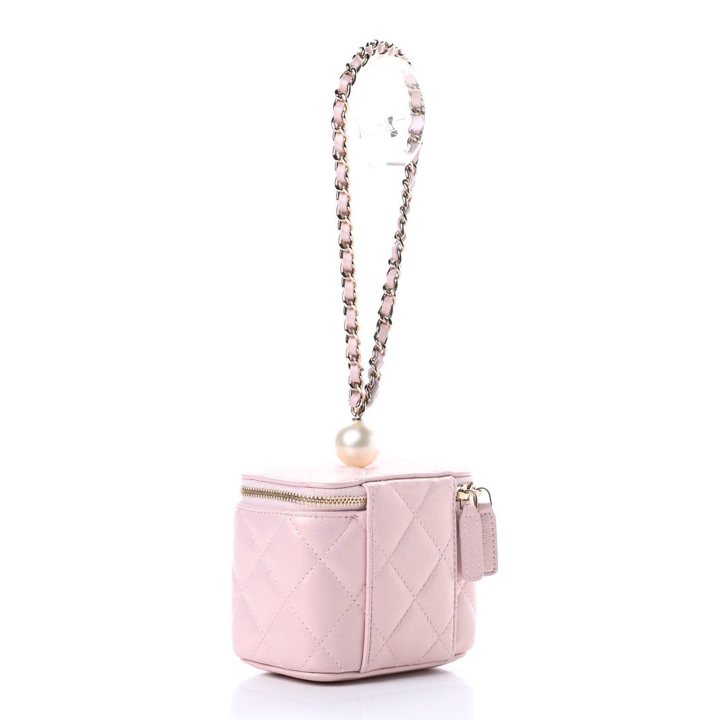 Iridescent Caviar Quilted Mini Pearl On Top Vanity Case With Chain Light Pink
