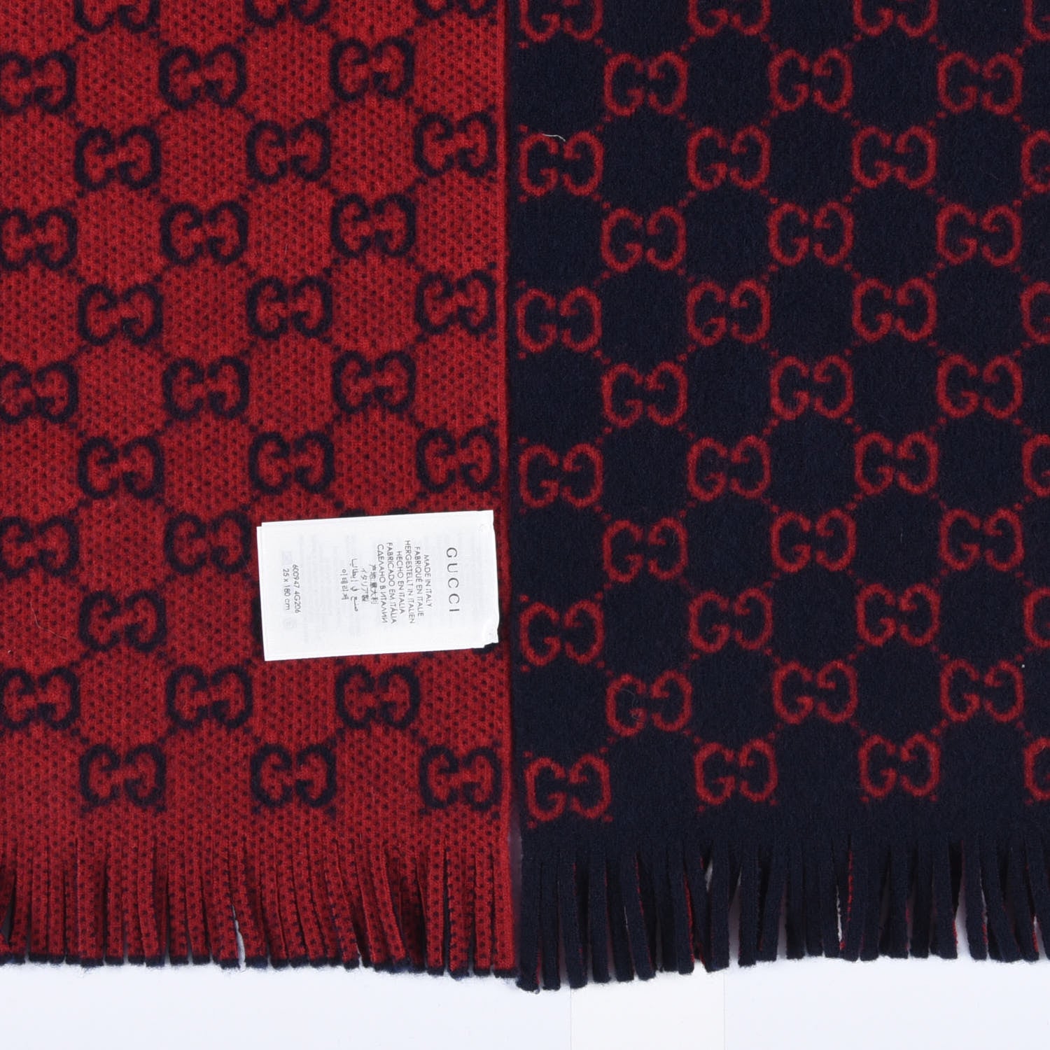 Gucci Wool GG Monogram Knit Longfog Fringe Scarf Midnight Blue Red 3 of 5