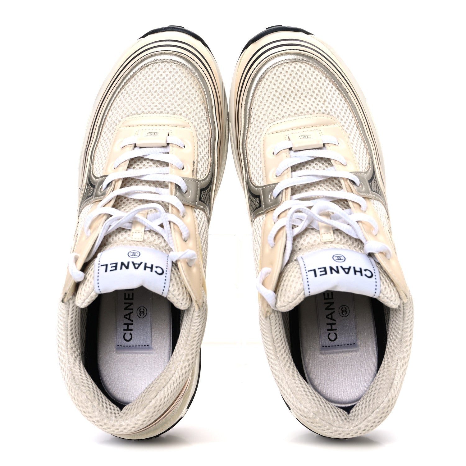 Chanel Fabric Laminated Calfskin Stretch CC Sneakers 41 Ivory
