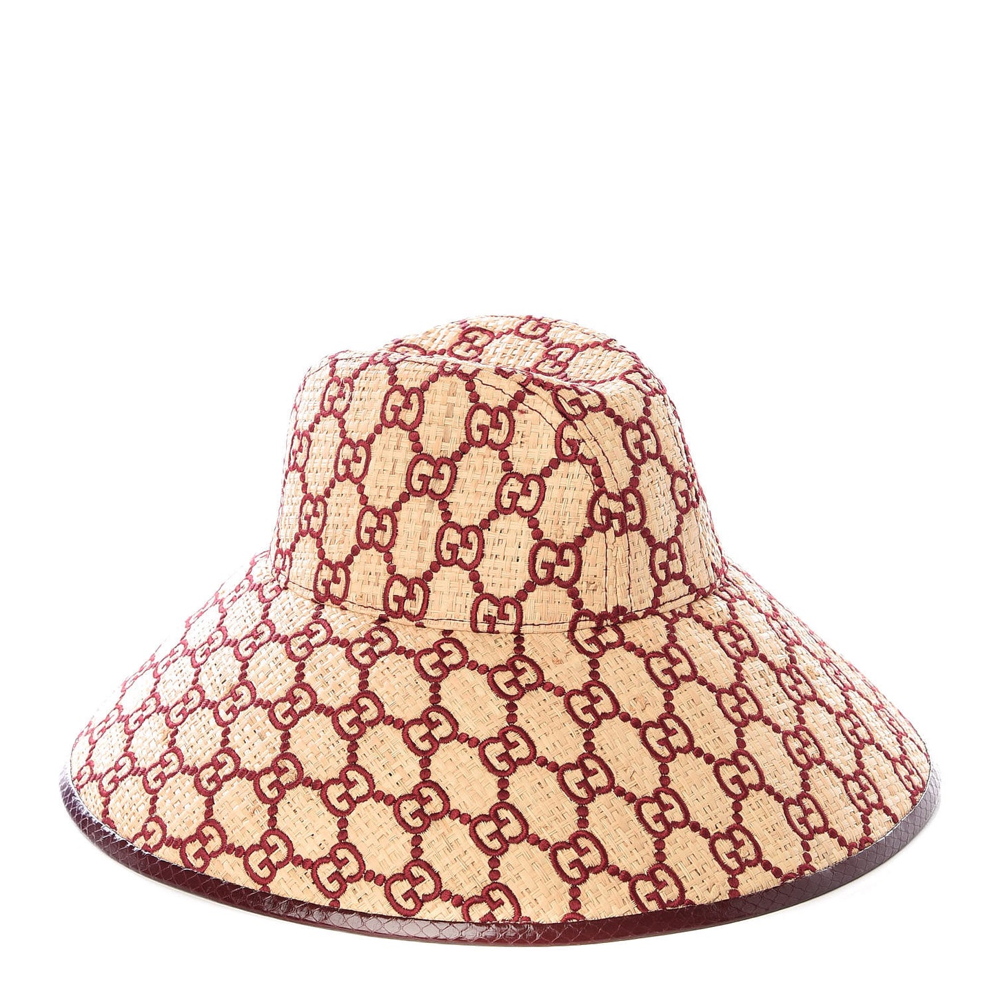 Raffia Elaphe GG Monogram Embroidered Wide Brim Hat Ivory Bordeaux