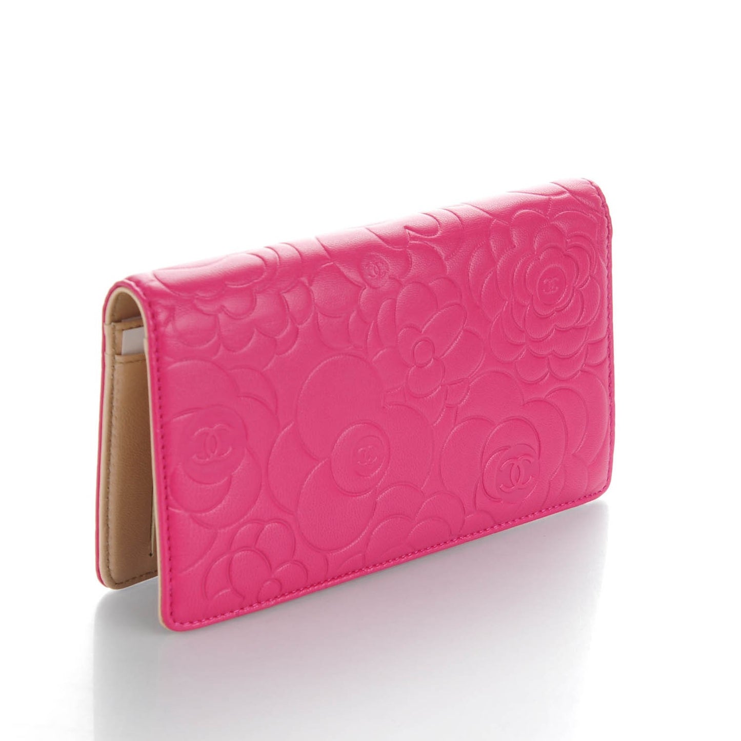 Lambskin Camellia Embossed Yen Wallet Fuchsia