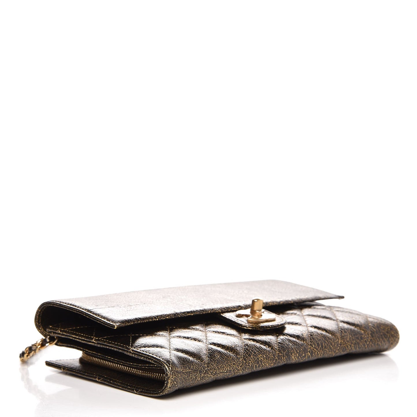 Cracked Metallic Calfskin Quilted Zip Away Chain Clutch Gold
