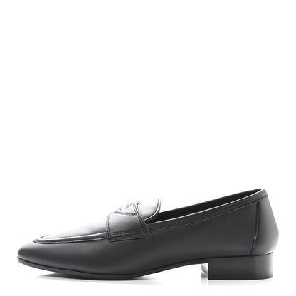 Chanel Calfskin Womens Stitched CC Loafers 37.5 Black 1 of 10