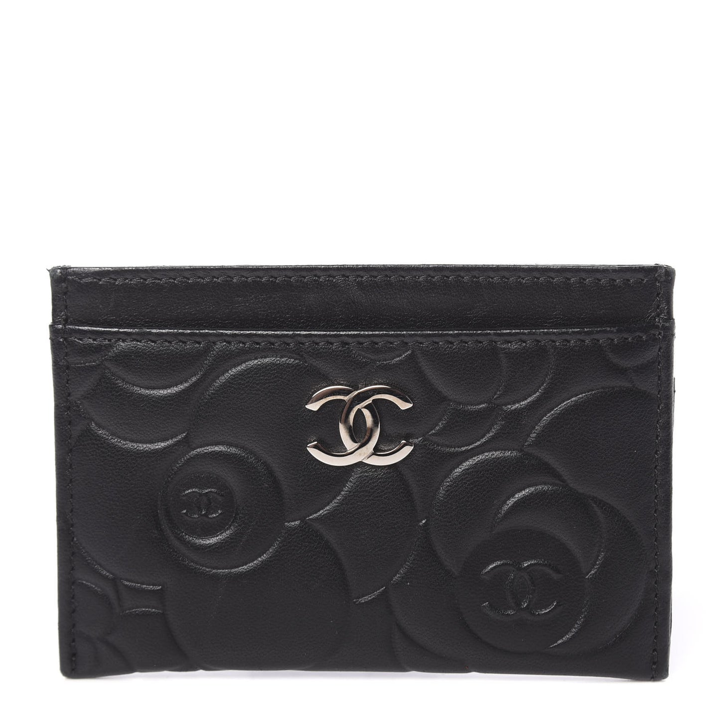 Lambskin Camellia Embossed Card Holder Black
